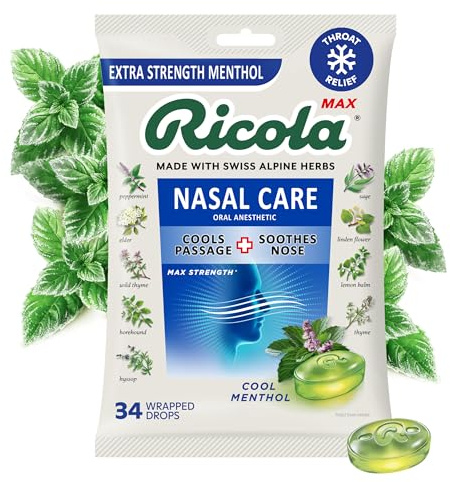 Ricola MAX Nasal Care Cool Menthol Drops with Extra Menthol - Maximum Nasal Comfort and Sore Throat Relief for Cold & Flu Symptoms - 34 Count - Herbal Throat Lozenges