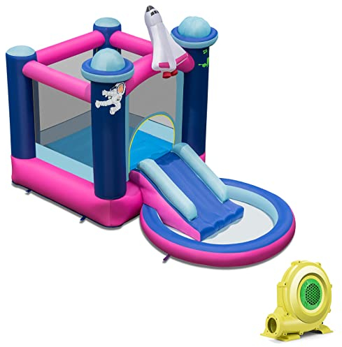 COSTWAY Castello Gonfiabile con Piscina, Casa Gonfiabile per Bambini con Borsa per il Trasporto e Paletti, Ideale per Interni ed Esterni per 3 Bambini di 3-10 Anni (Con soffiatore)
