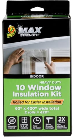Duck MAX Strength Window Insulation Kit, Winter Window Seal Kit Fits up to 10 Windows, Heavy Duty Shrink Film Cuts to Size for Easy Indoor Installation, Window Tape Included,62 In. x 420 In., Clear
