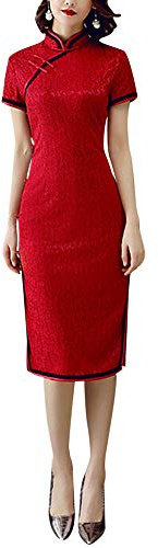 Dam blommig spets cheongsam elegant keps ärm mandarinkrage kinesisk fest Qipao vintage kostym, 02-133a# Vinröd, XL