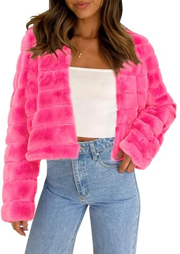 Allegra K Women's Winter Warm Cropped Jacket Collarless Faux Fur Fluffy Coat Hot Pink M