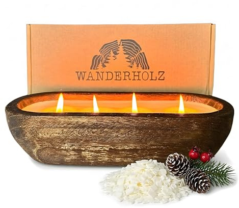 Wanderholz Cire de soja – Bougie à quatre mèches – Bougie durable multi-mèches dans un bol en bois de paulownia