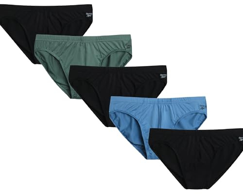 Reebok Mens Low Rise Briefs - 5 Pack Athletic Performance Mens Underwear Briefs with Contour Support Pouch for Gym Daily Wear, Size Medium, Black/Dark Forest/Black/Blue/Black