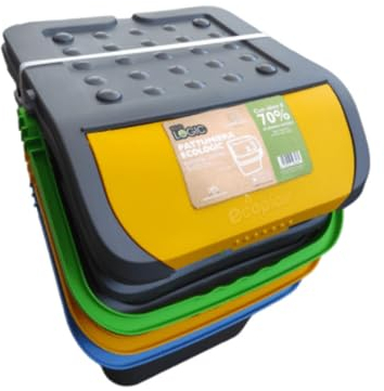 Ecoplast | Tris di Pattumiere per Raccolta Differenziata 35 Lt, Colori Assortiti Giallo/Verde/Blu, 38x36,5x45 , Made in Italy