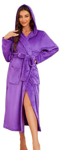 EK4YDNDS Womens Long Hooded Fleece Robe, Soft Warm Spa Bathrobe for Cozy Lightweight Loungewear(Violet, L/XL)