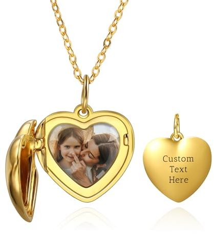 OTXIXTO Personalisierte Herz Medaillon Halskette mit Bild Innen Individuell Foto/Text Herz Medaillon Anhänger Halskette 925 Silber Herz Medaillon Charm Halsketten für Freundin Mutter (A1: Gold)