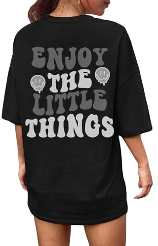 CMTOP T Shirt Oversize Femme à Col Rond Manches Courtes Imprimé De Lettres Loose Tee Shirt Haut Décontracté Chemise Surdimensionné Sport Blouse Coton D'été (Noir, L)