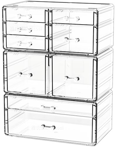 Cq acrylic Clear Stackable Storage Drawers,Plastic Makeup Organizer and Bathroom Storage Bins WIth 9 Drawers For Make up,Medicine,Craft,Pen,Beauty and Office Supply Organizer