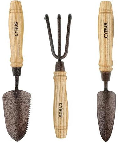 Cyrus Gartenwerkzeug-Set, 3-teilig, mit Handschaufel, Pflanzschaufel und Handharke mit Eschenholzgriff zum Pflanzen, Unkrautjäten und Pflegen von Rasenflächen und Gärten