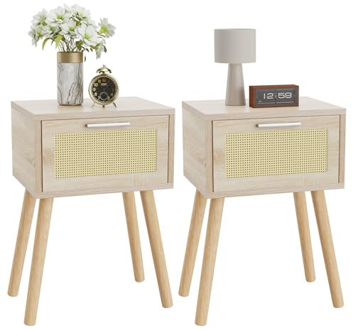 YMYNY Rattan Nachttisch 2er Set, Beistelltisch, Boho-Nachtschrank mit Magnetschublade, Massivholz Beinen, 35x27x53 cm, Sofatisch, Couchtisch für Wohnzimmer, Büro, Schlafzimmer, Naturfarben HST010N-2