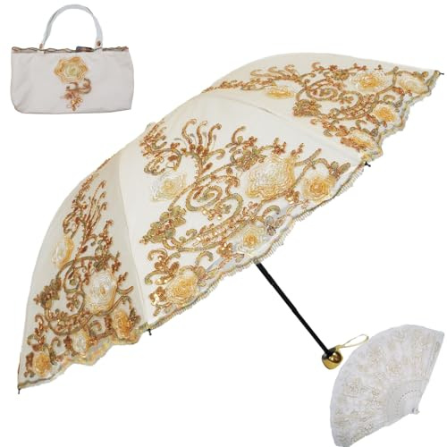 Aikelai Vintage Lace Umbrella - UPF50+ Sun Umbrella with 3D Flower Chinese Embroidery, Compact Folding, Ideal for Walking, Weddings, Tea Parties & Photo Shooting (Yellow)