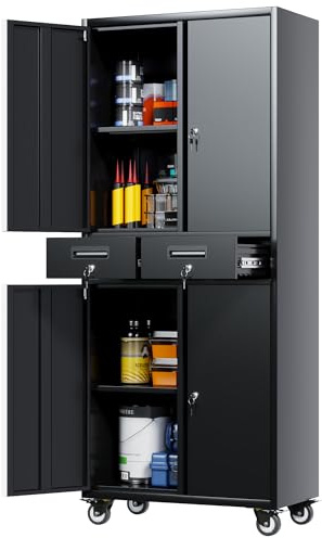 SUPEER 180cm Tall Metal Garage Storage Cabinet with 4 Wheels and 2 Drawer, Rolling Tool Storage Cabinet with Locking Doors and Adjustable Shelves,Heavy Duty Tool Cabinet for Garage(Black/Silvery)