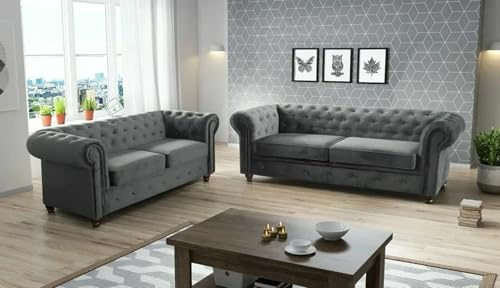 Easy4You Chesterfield Grau Plüsch Velvet Set 3-Sitzer + 2-Sitzer Sofa Sofas für Wohnzimmer Sofagarnituren mit Holzfüße Set Sofas & Couches