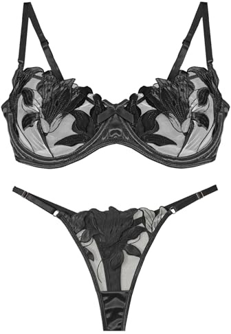 Panegy Sexy Reggiseno e Slip Set Ricamato Due Pezzi Push Up Lingerie Set Boudoir Anniversario Nero Medio