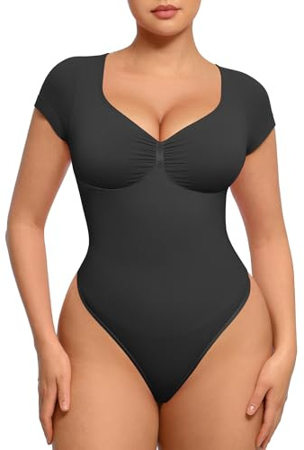 FeelinGirl V Neck Bodysuit for Women Short Sleeve Tops for Workout And Going Out Tummy Control Thong Design Body Shaper for Everyday Outfits Black S