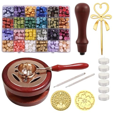 Kit De Cire à Cacheter,Cire D'étanchéité Kit,24 Couleurs 600PCS Perles Sceau De Cire,Avec Tampon Cire En Métal/Outil De Chauffe/Bougies/Stylos En Métal,Pour Enveloppes Mariage DIY Décoration Cadeau
