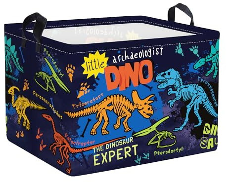 Clastyle Cesto Portabiancheria Boho Dinosauro Cestino Portaoggetti Palma Cesta Biancheria Genitori per Organizzare Giocattoli Vestiti, Scheletro, 40x30x30 cm