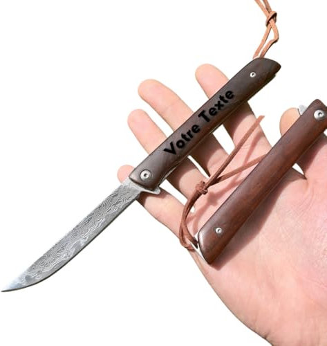 Obespina Couteau Pliant Damas Personnalisé Gravure Laser Nom Prenom Acier Damas 67 Couches VG10 Poche Linerlock Lame Tranchante Manche bois Collection Cadeau Homme Fête Père Chasse EDC