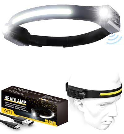 LED Head Torch Rechargeable, 2 Spot 1200LM Headtorch with Motion Sensor Control, 230° Wide COB Headlamp, 5 Lighting Modes, IPX4 Waterproof Headband Flashlight for Hiking, Running, Camping, 1 Pack