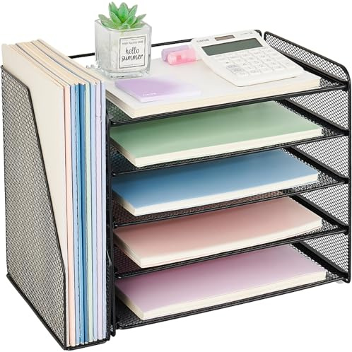OPNICE Desk Organizer, 5-Tier Paper Organizer Letter Tray with Magazine Holder, Office Desk Accessories & Workspace Organizers, Desktop File Organizer for Office Supplies Storage, Black