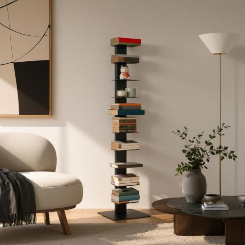 Steelnovo | Beatrice, librería Vertical Ahorra Espacio con 10 estantes, Altura 150 cm, librería de Columna de Acero Pintado Moderna, estantería de Suelo, Color Negro, salón, Estudio, Fabricada en