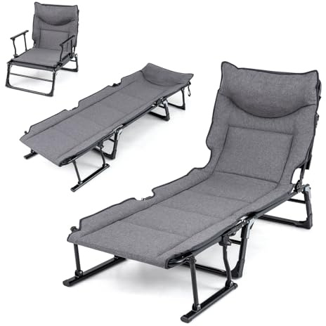 COSTWAY Lit de Camp Pliable 1 Personne, Fauteuil Convertible, Dossier Réglable à 6 Positions, Coussin Intégré, Cadre en Métal, Lit Pliante pour Camping Cour Bureau, Charge 200 kg (180 x 66,5 x 38 cm)