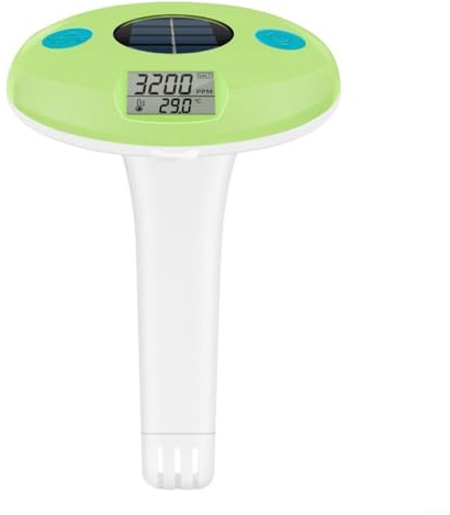 Medidor de salinidad solar flotante para piscina y termómetro, probador digital de calidad de agua salada con pantalla LCD continua, salinidad de 0-9990 ppm, rango de temperatura de -0.0-50.0 °C para