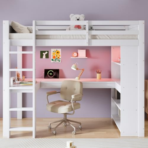 Merax Loft bed Children's High Sleeper Bed Frame with Desk, Storage Shelves, LED Lights&Charging Ports and 5-Step Ladder, Safety Guardrails, for Teenagers & Adults, White-90x190cm
