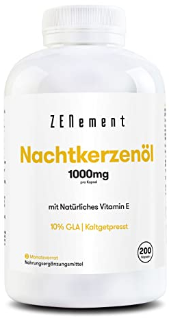 Huile d’Onagre 1000 mg, 10% GLA, Pressée à Froid, avec Vitamine E Naturelle - Source Naturelle d’Oméga 6, Soutien Féminin et Équilibre Quotidien, 200 Capsules - Zenement