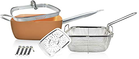 SIMPLE & Co Kupfer Tiefe einseitige quadratische Pfanne, 9,5 Zoll Antihaft-Kupferpfanne 8-teiliges Set Induktionsbasiertes Kochgeschirr-Set (Kupfer)