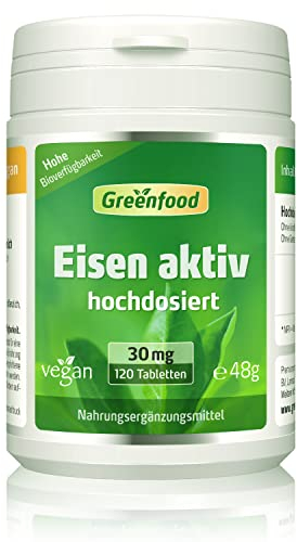 Eisen aktiv, hochdosiert, 30mg - 120 Tabletten, vegan. Eisenbisglycinat - gut verträglich - gegen Müdigkeit & Erschöpfung, Eisenmangel. OHNE künstliche Zusätze - laborgeprüft. Von Greenfood.