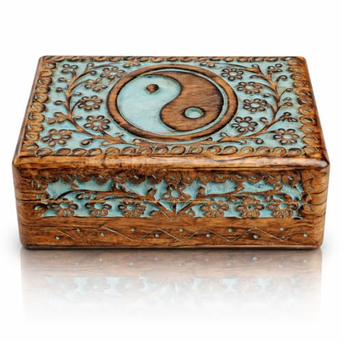 Great Birthday Gift Ideas Handmade Decorative Wooden Jewelry Keepsake Box Jewelry Organizer Treasure Chest Trinket Holder Watch Storage Box Housewarming Gifts Women (Blue Wash Finish)