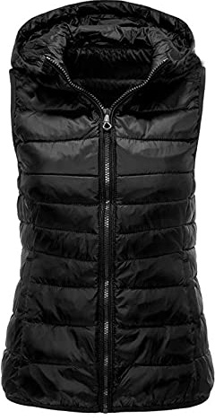Quiltad väst dam – lätt dunväst, jacka, enfärgad quiltad väst, kroppsvärmare, vår, höst, vinter, övergångsväst, utomhus, vinterväst, gilet, jacka, huva, ärmlös, svart, M