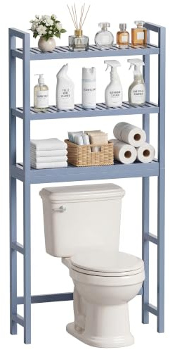 SMIBUY Bathroom Storage Shelf, Bamboo Over-The-Toilet Organizer Rack, Freestanding Toilet Space Saver with 3-Tier Adjustable Shelves (Grey)