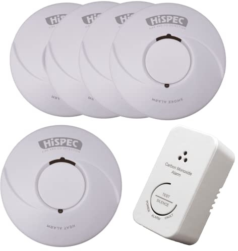 HiSPEC Smoke Alarms Heat Detectors and CO Detectors Fire Safety Kits: Fully Compliant to 2022 Scottish Legislation (4 Smoke / 1 Heat / 1 CO)
