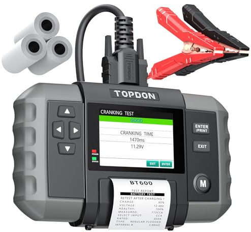 Car Battery Tester, TOPDON BT600 12V, 12V/24V Cranking Tests and Charging Alternator Load 100-2000CCA Digital Battery Voltage Tester, 3.5 Screen with Built-in Printer
