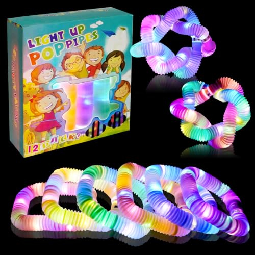 O-Kinee 12 tubi pop, luci fluorescenti Fidget Toys, tubi pop 2024 a LED, tubi elastici a LED colorati, braccialetti luminosi Set da festa Compleanno per bambini carnevale per festival Capodanno