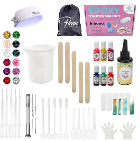 Fleau Kids Epoxidharz-Set XXL – UV-Harz – Silikonformen – Starterpaket – UV-Lampe – inklusive Gießharz – 6 Farben – 12 Glitzer – Herstellung von Schmuck/Ohrringen