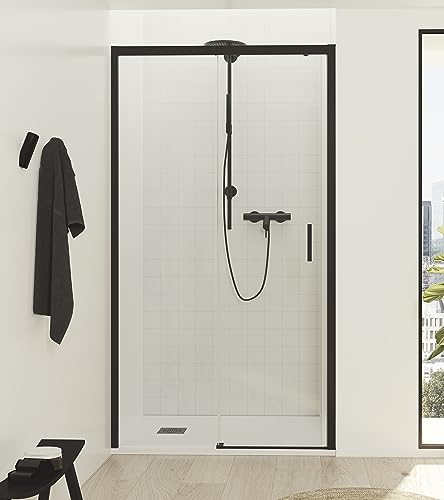 NEBADOON | Mamparas de Ducha - 1 Puerta Corredera + 1 Fijo - Mampara de Ducha Corredera - Perfilería Negra Mate - 99 a 103 cm (Ancho Adaptable 4 cm) x 195 cm (Alto) - Posición Puerta Derecha