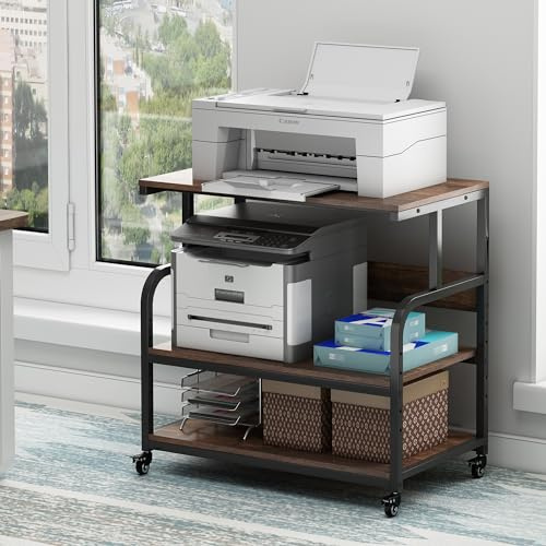 Fannova 32.3 Wide Extra Large Printer Stand, 3 Tier Printer Table with Adjustable Storage Shelf, Rolling Printer Cart with Industrial Wheels for Home Office, Rustic Brown