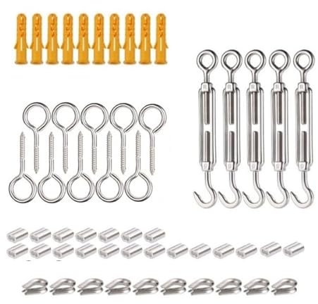 sanvpwsan Turnbuckle Garden Wire Tensioner Kit, Wire Trellis Kit for 2mm Wires Rope, 5pcs M5 Turnbuckle Hook and Eye, 20pcs Cable Clamps, 10pcs Crimping Loop, 10pcs Expansion Tube and Vine Eye