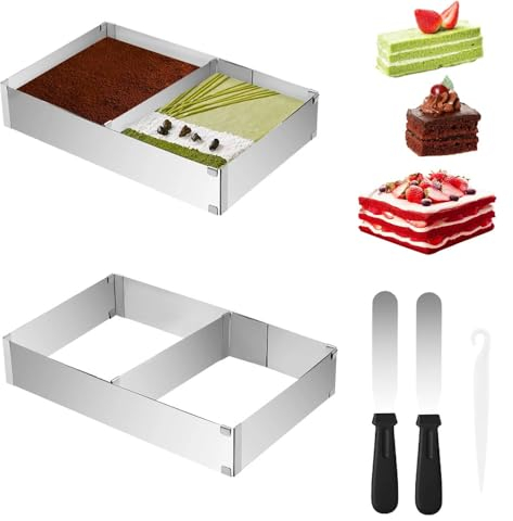 Anicy Backrahmen Rechteckig Verstellbar - Edelstahl Backform Rechteckig, Backrahmen Eckig Verstellbar mit Teiler & Spatel Kuchenform für Schichttorten Kuchen Torten Pizza