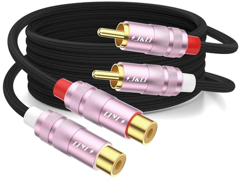 J&D 2 RCA Extension Cable, Nylon Braided 2 RCA Male to Female Stereo Audio Extension Cable, Gold Plated Connector for Speaker, TV, Amplifier, Audio Mixer, 6 feet