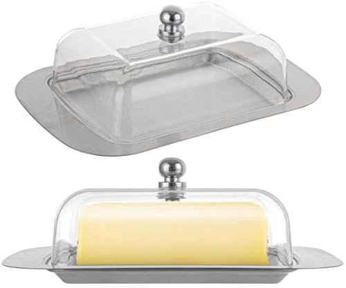 ASelected Beurrier en acier inoxydable avec couvercle transparent et poignée - 18,5 x 12,2 x 6,7 cm - Beurrier en acier inoxydable - Bol à dessert - Boîte à pain au fromage avec couvercle - Récipient