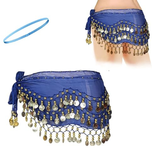 Bufanda para Danza del Vientre,Pañuelo Danza del Vientre,Cinturón Danza del Vientre,Cinturón de Danza del Vientre para Damas,para Actuación Escénica,Actuación de Fiesta,con 1 Cinturón de Cabeza,Azul