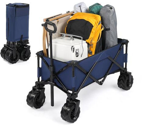 LEADZM Chariot à roulettes Tout Terrain, Capacité portante 91KG 200lbs, 107x54x91 cm, Chariot de Plage Pliable pour Extérieur Camping Festival,Courses,Jardin (Bleu)