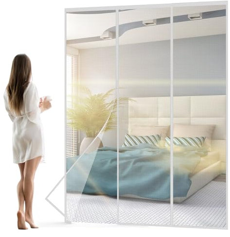 Puerta de malla magnética 115x245cm Blanco Cortina de puerta antiinsectos de cierre automático con imanes sin perforación