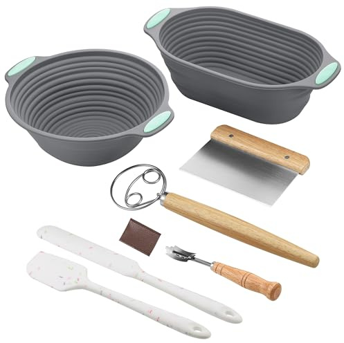 MICHIHOMIE Foldable Sourdough Starter Kit, Silicone Bread Proofing Basket, 10 Inch Bread Making Accessories with Danish Dough Whisk, Bowl Scraper, Bread Lame