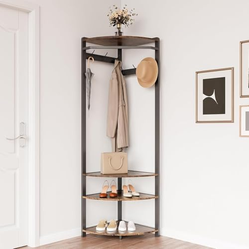 Garvee Garderobenständer Kleiderständer Garderobe mit 6 Doppelhaken 2 Ablagen Aufbewahrungsregal für Schuhe und Boxen Offene Kleiderständer platzsparend für Schlafzimmer Wohnzimmer Flur und Büro Retro