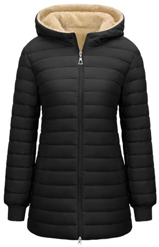 RITOSTA Women's Long Coats Winter Puffer Jackets Ladies Quilted Padded Coat Outdoor Down Jacket Fleece Lined Warm Parka Zip Up Hoodies Casual Long Sleeve Outwear with Pockets Hooded(Black,L)